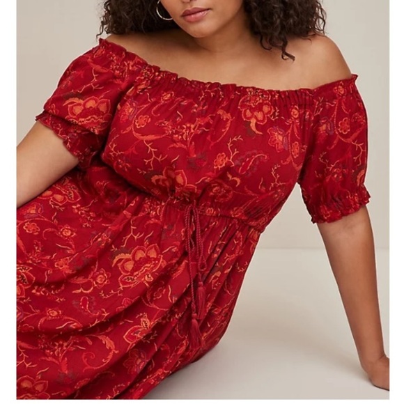 TORRID NWT MIDI RAYON TWILL OFF SHOULDER PEASANT DRESS - Picture 4 of 6